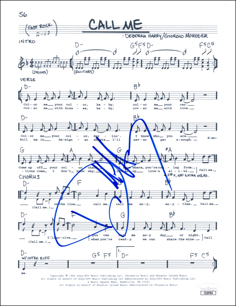 Debbie Harry Blondie Signed Autograph American Gigolo Call Me Sheet Music w/ COA