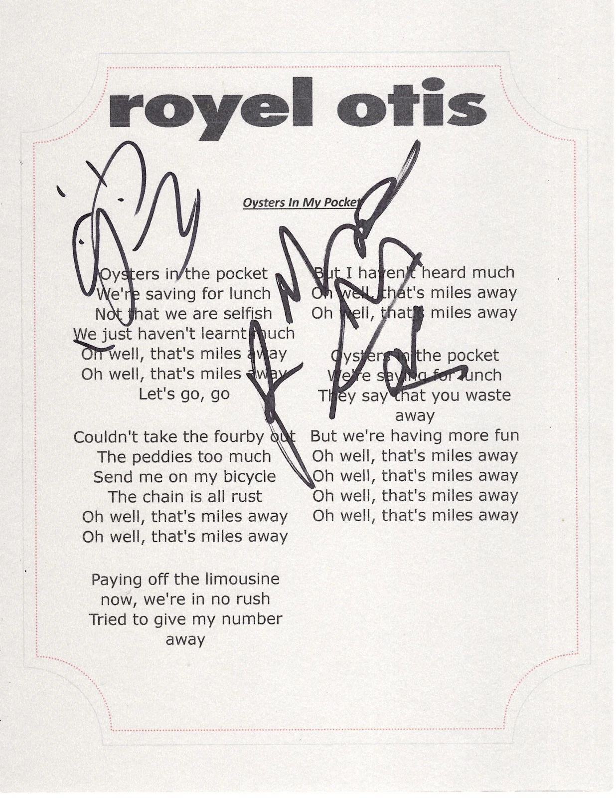ROYEL OTIS GROUP SIGNED OYSTERS IN MY POCKET LYRIC SHEET