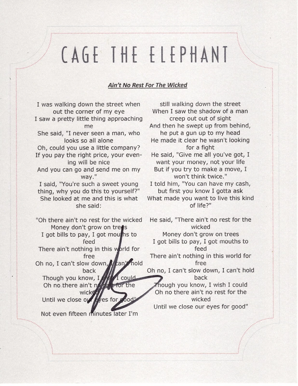 CAGE THE ELEPHANT MATT SHULTZ SIGNED AINT NO REST FOR THE WICKED LYRIC SHEET 2B