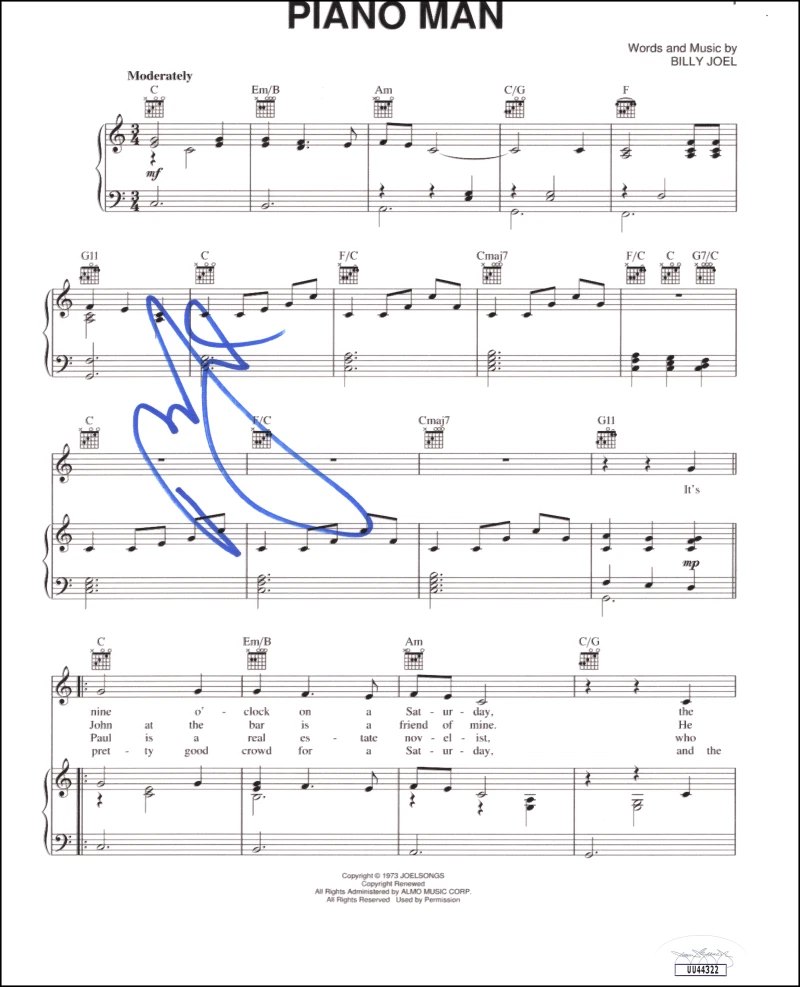 Billy Joel Signed Autograph Piano Man Sheet Music Page - The Stranger w/ JSA COA