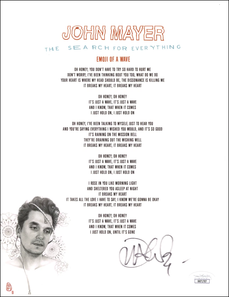 John Mayer Signed Autograph Emoji of a Wave Lyric Sheet w/ JSA COA