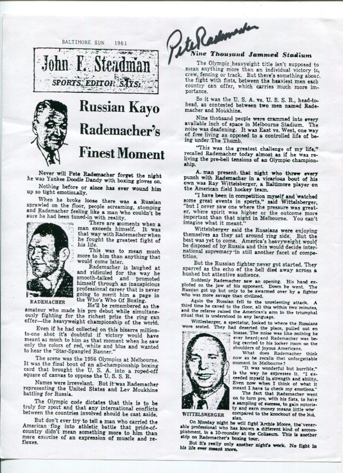 Pete Rademacher Olympic Gold Boxing Champ Signed Autograph Article