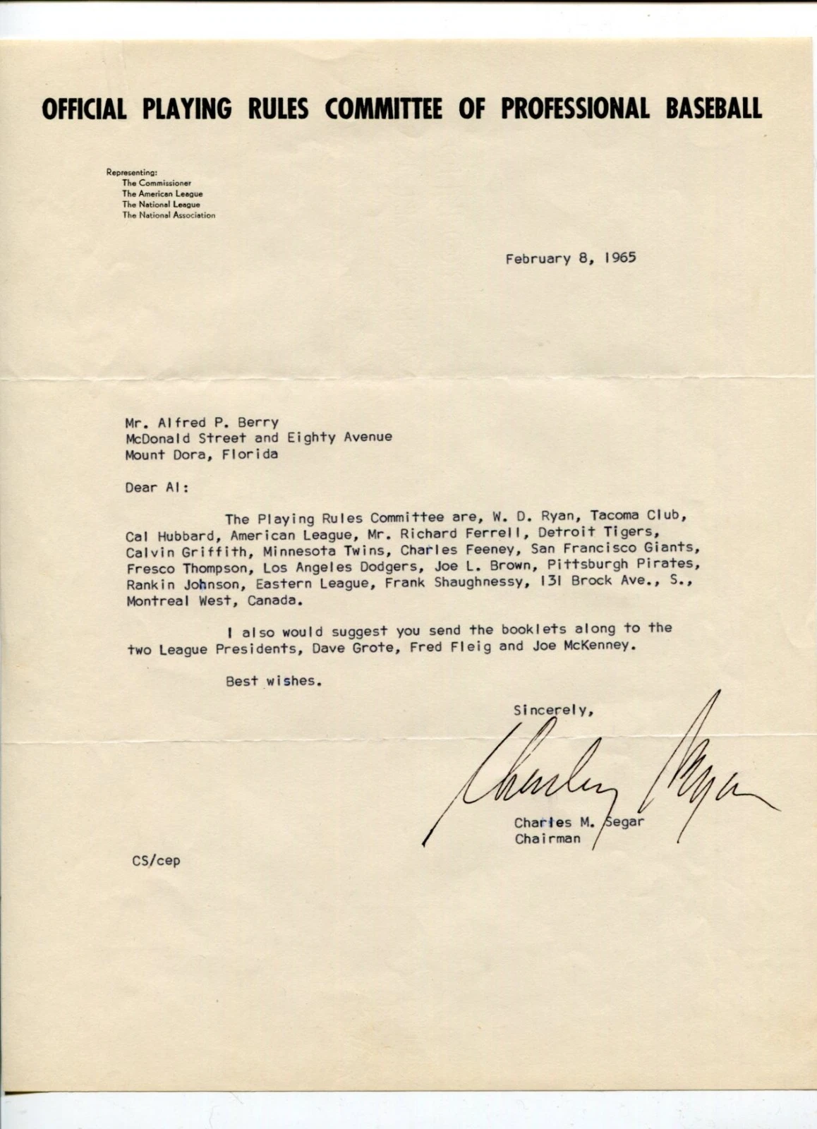 Charlie Segar Baseball Writers Association President Rules Committe Signed TSL