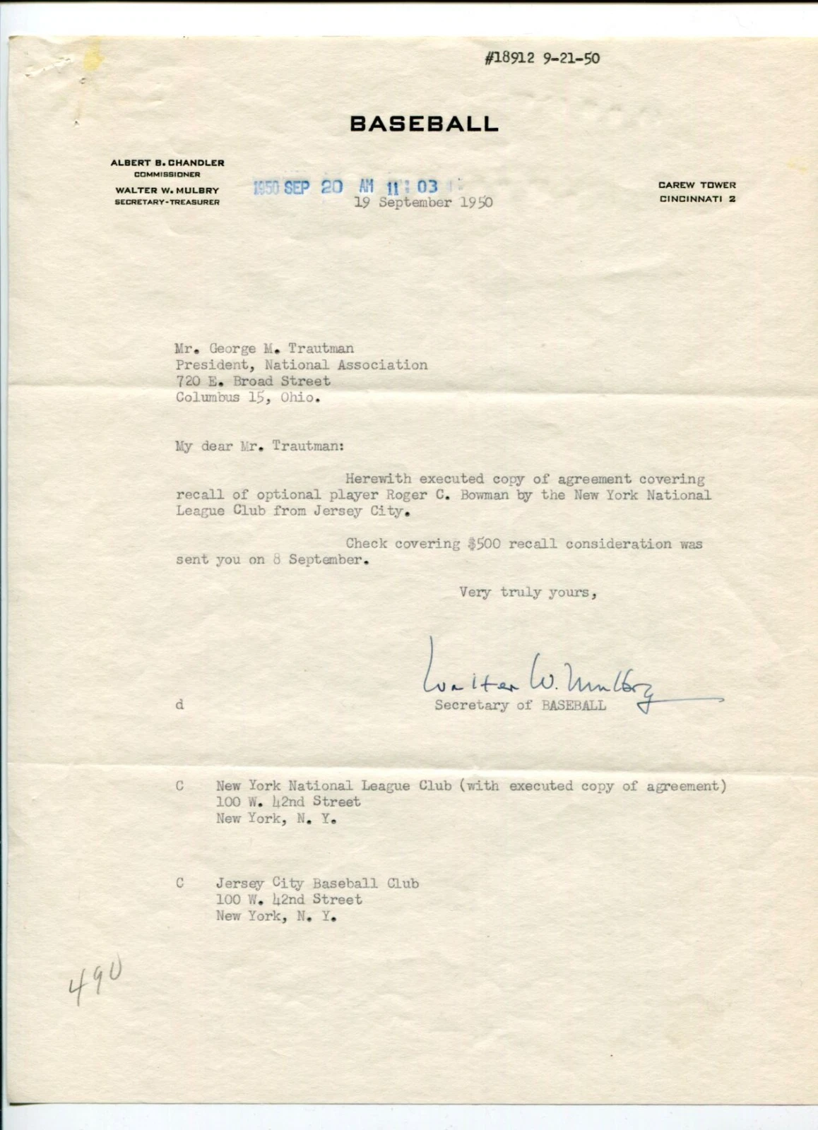 Walter Mulbry Secretary Treasurer Major League Baseball MLB Signed Autograph TSL