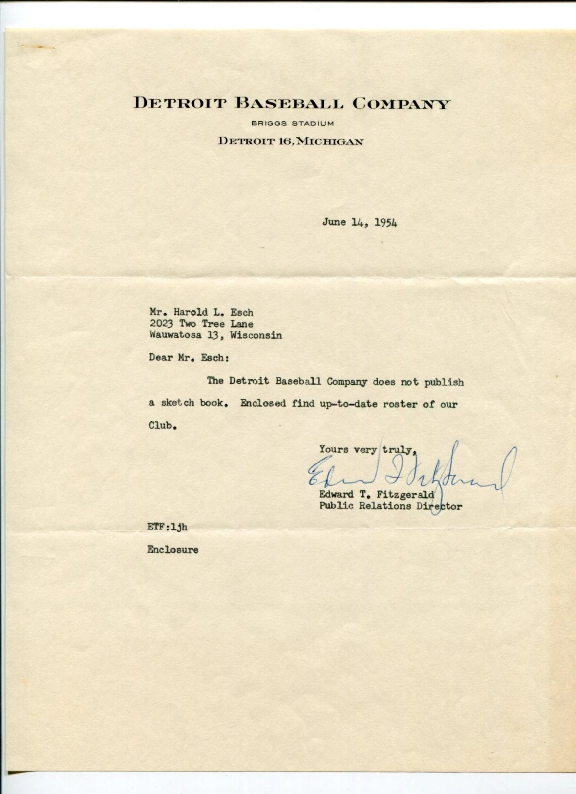 Edward T. Fitzgerald Detroit Tigers Executive PR Director Signed Autograph TSL