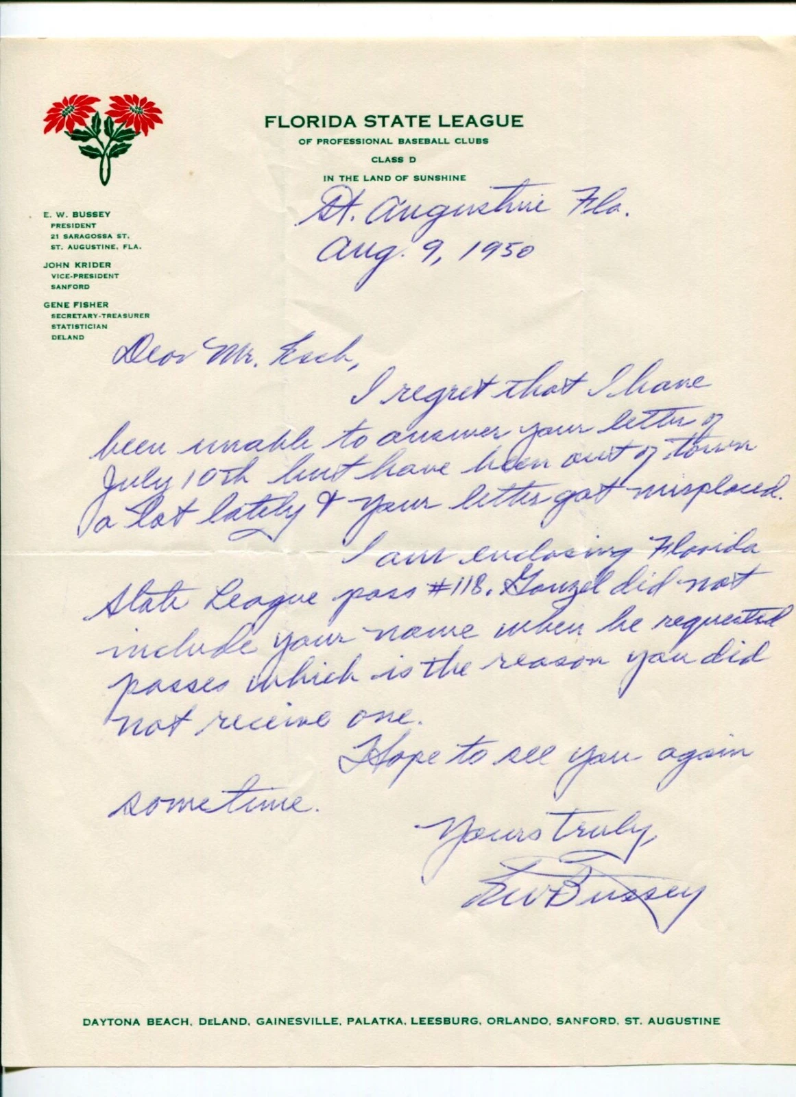 Earle Bussey Florida State League Baseball Club President Signed Autograph TSL