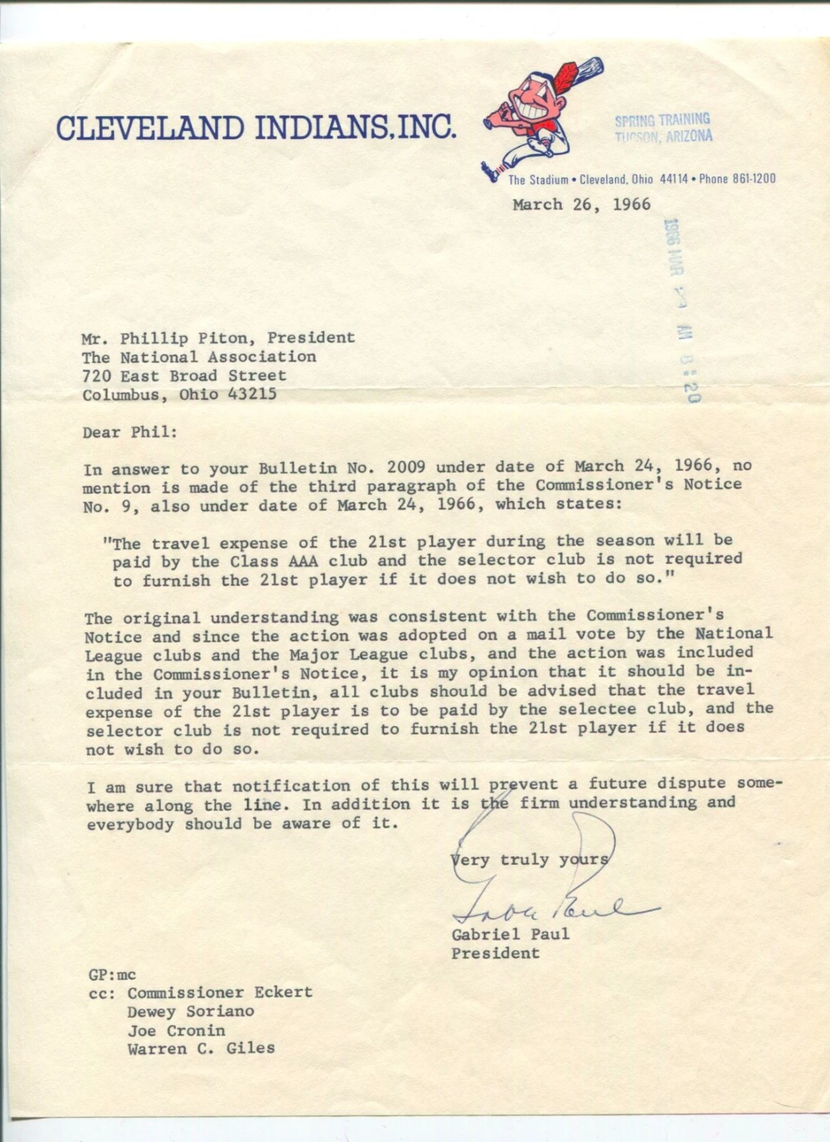 Gabe Paul Cleveland Indians New York Yankees President GM Signed Autograph TSL