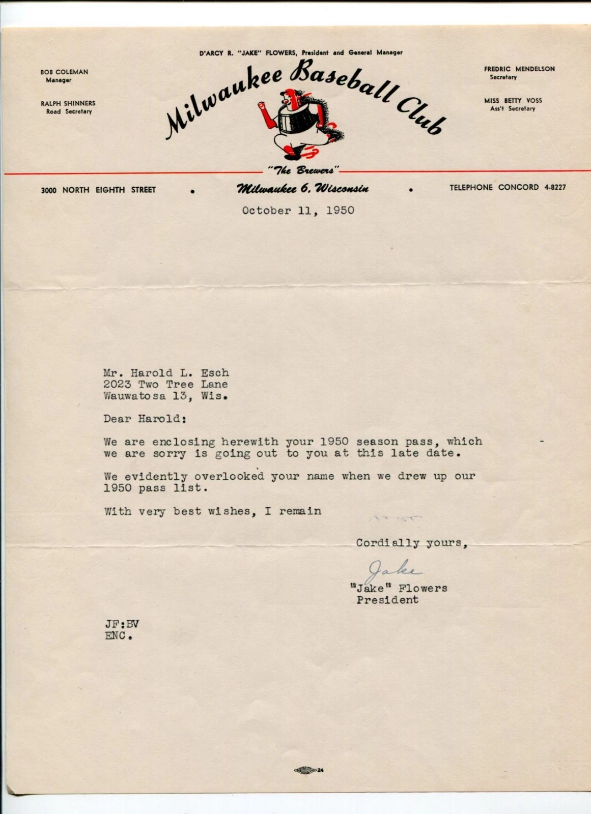 Jake Flowers St. Louis Cardinals 2x World Series Champ Signed Autograph 1950 TSL