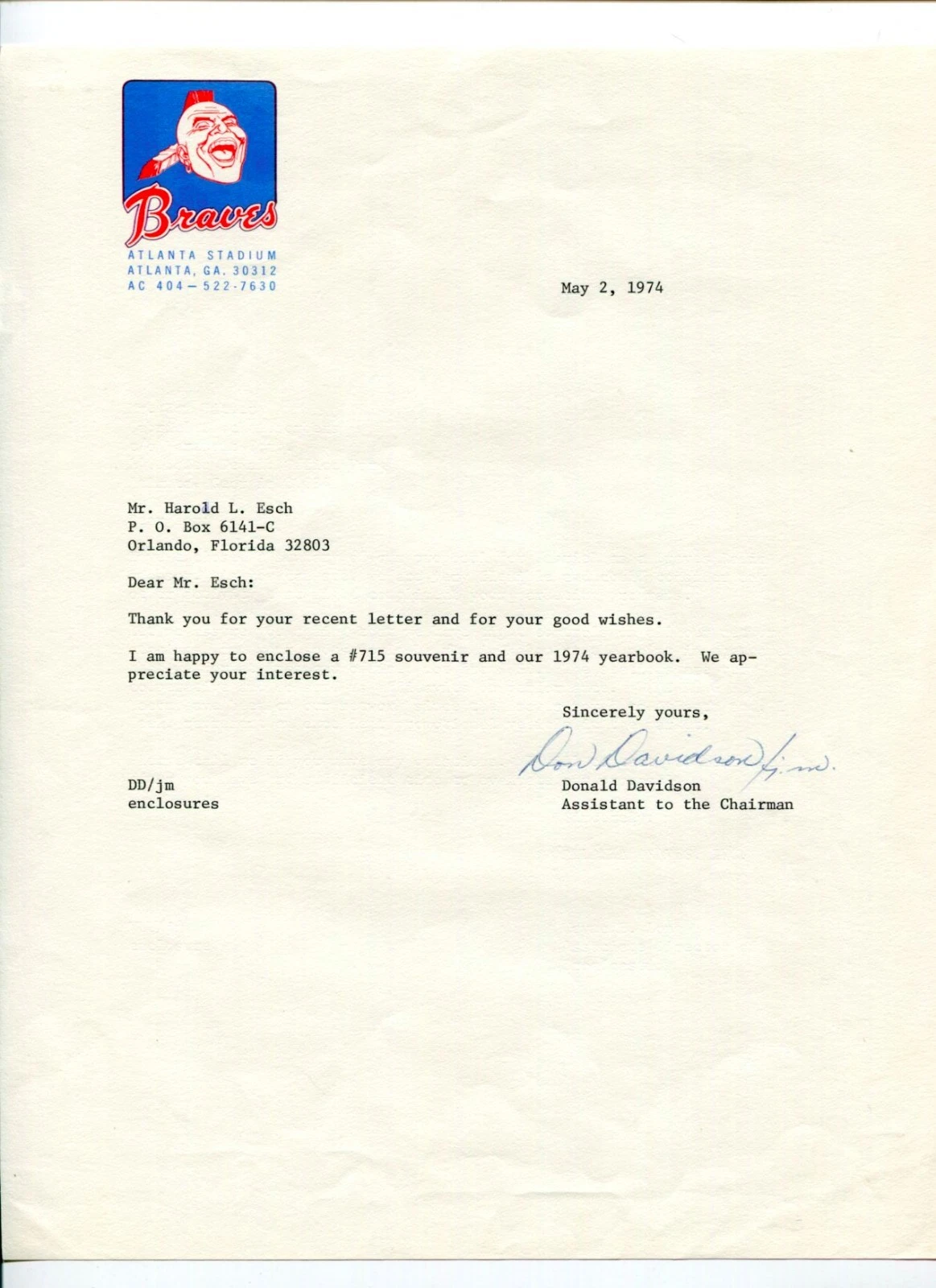 Donald Davidson Milwaukee Atlanta Braves Little Man Signed Autograph 1974 TSL