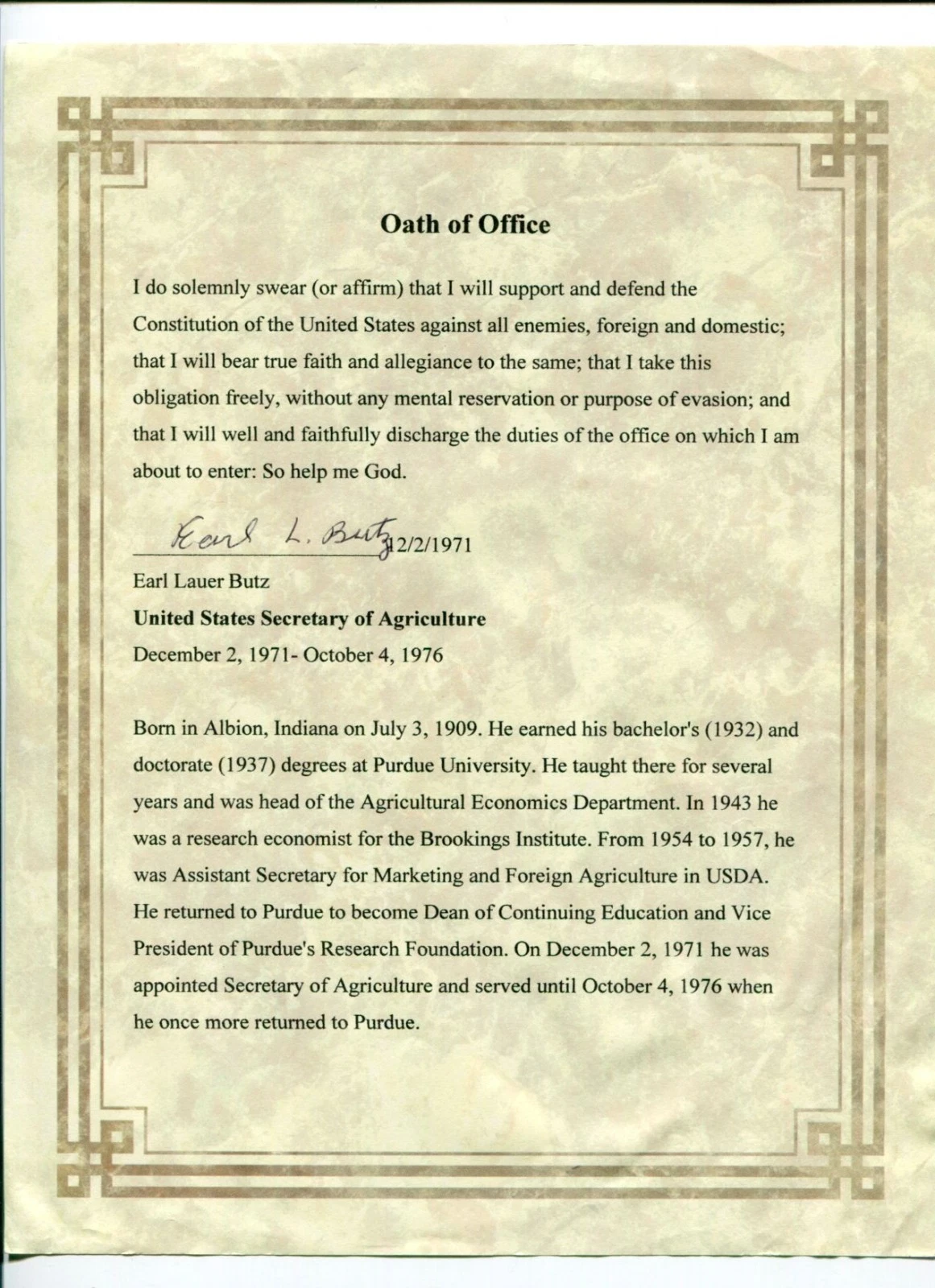 Earl Butz US Secretary of Agriculture Rare Signed Autograph Oath Of Office & Bio
