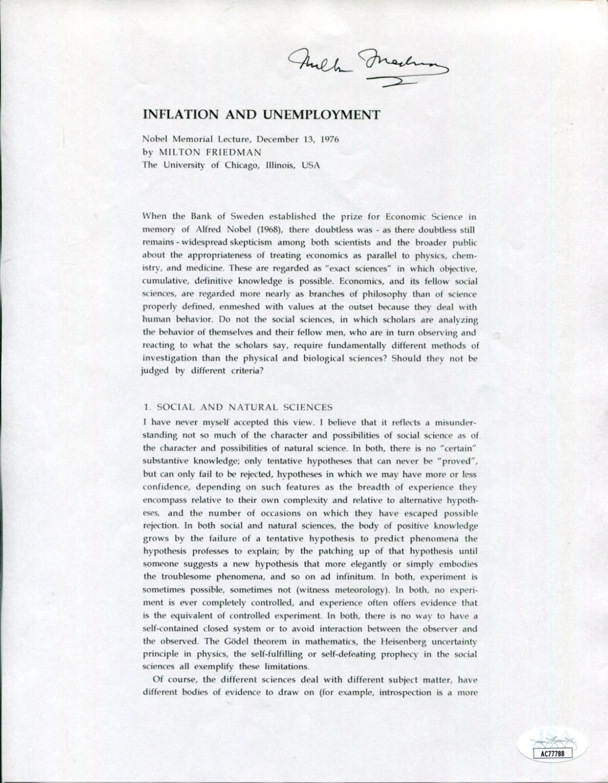 Milton Friedman 1976 Nobel Prize Economics Rare Signed Autograph Lecture JSA
