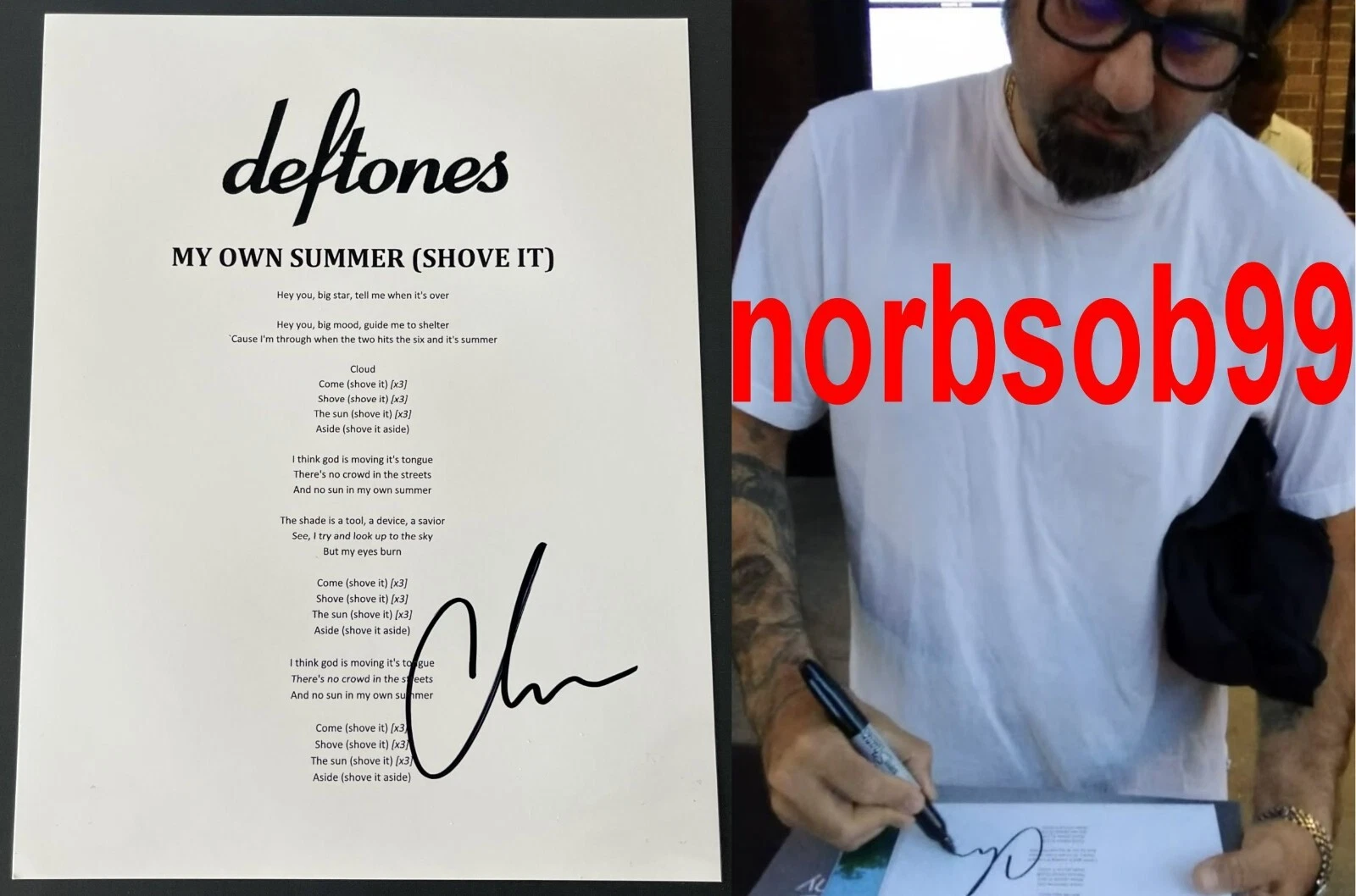 CHINO MORENO SIGNED DEFTONES MY OWN SUMMER LYRIC SHEET w/EXACT PROOF BECKETT COA