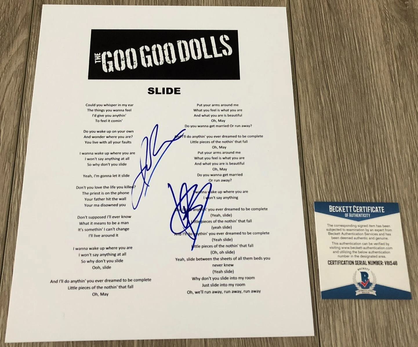 GOO GOO DOLLS JOHNNY RZEZNIK +1 SIGNED SLIDE LYRIC SHEET w/PROOF & BECKETT COA