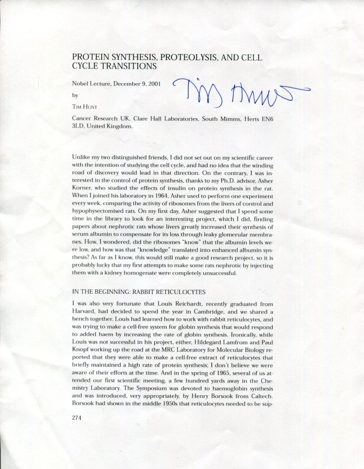 Tim Hunt Nobel Prize Medicine Cyclins Biochemist Signed Autograph Comple Lecture