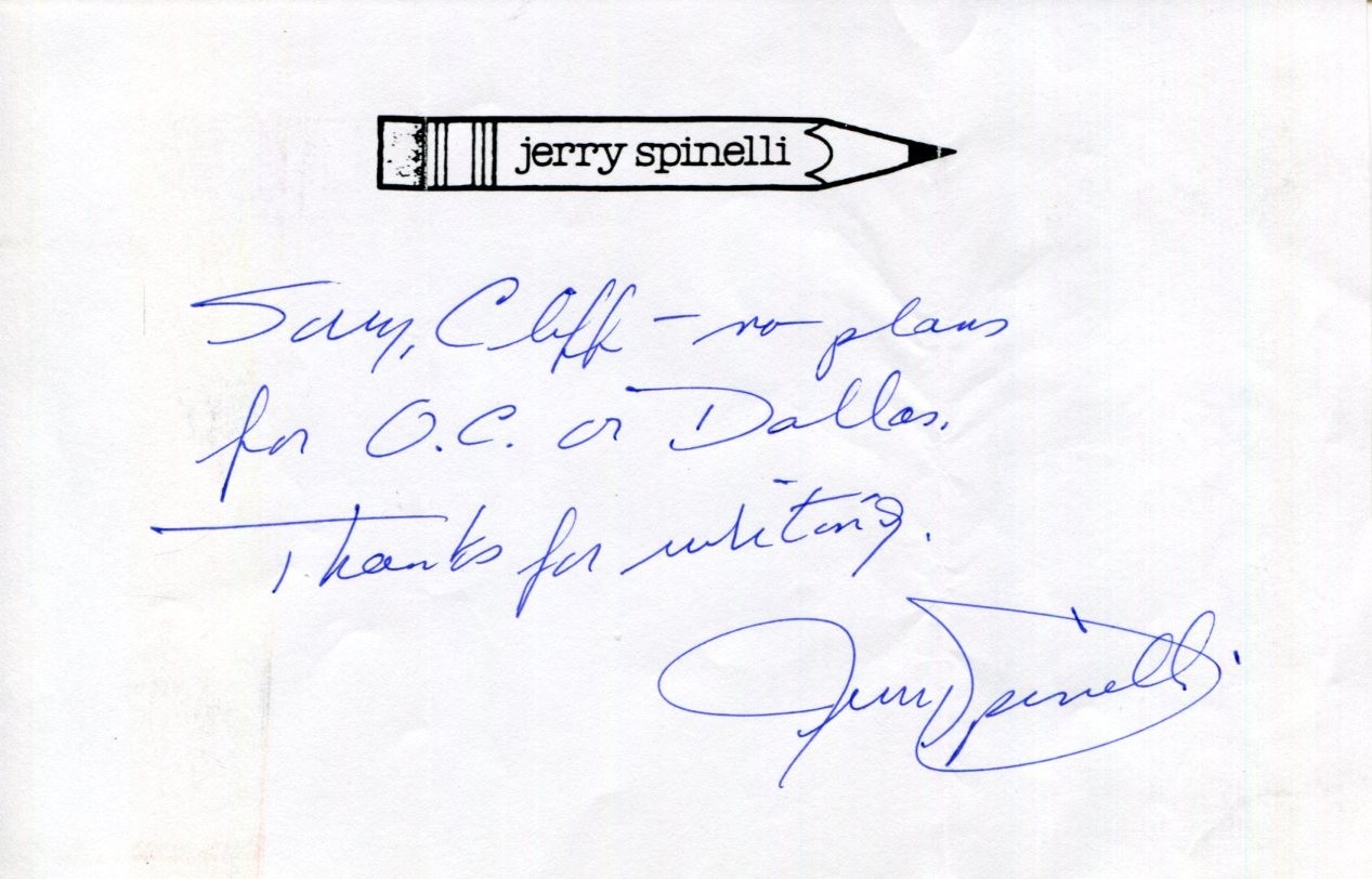 Jerry Spinelli Maniac Magee Wringer Author Newbery Medal Signed Note