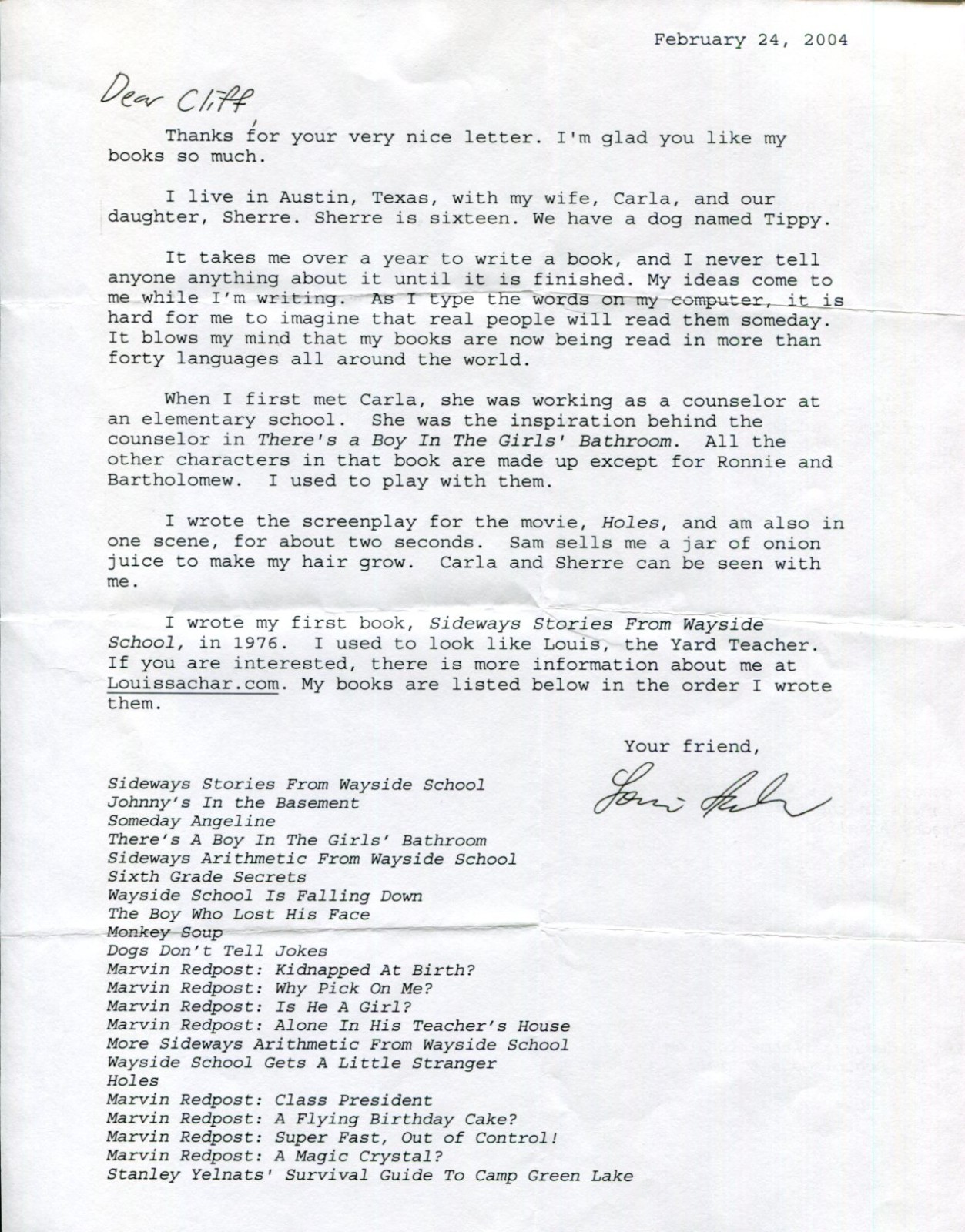 Louis Sachar Wayside School Holes Newbery Author Signed Autograph Letter