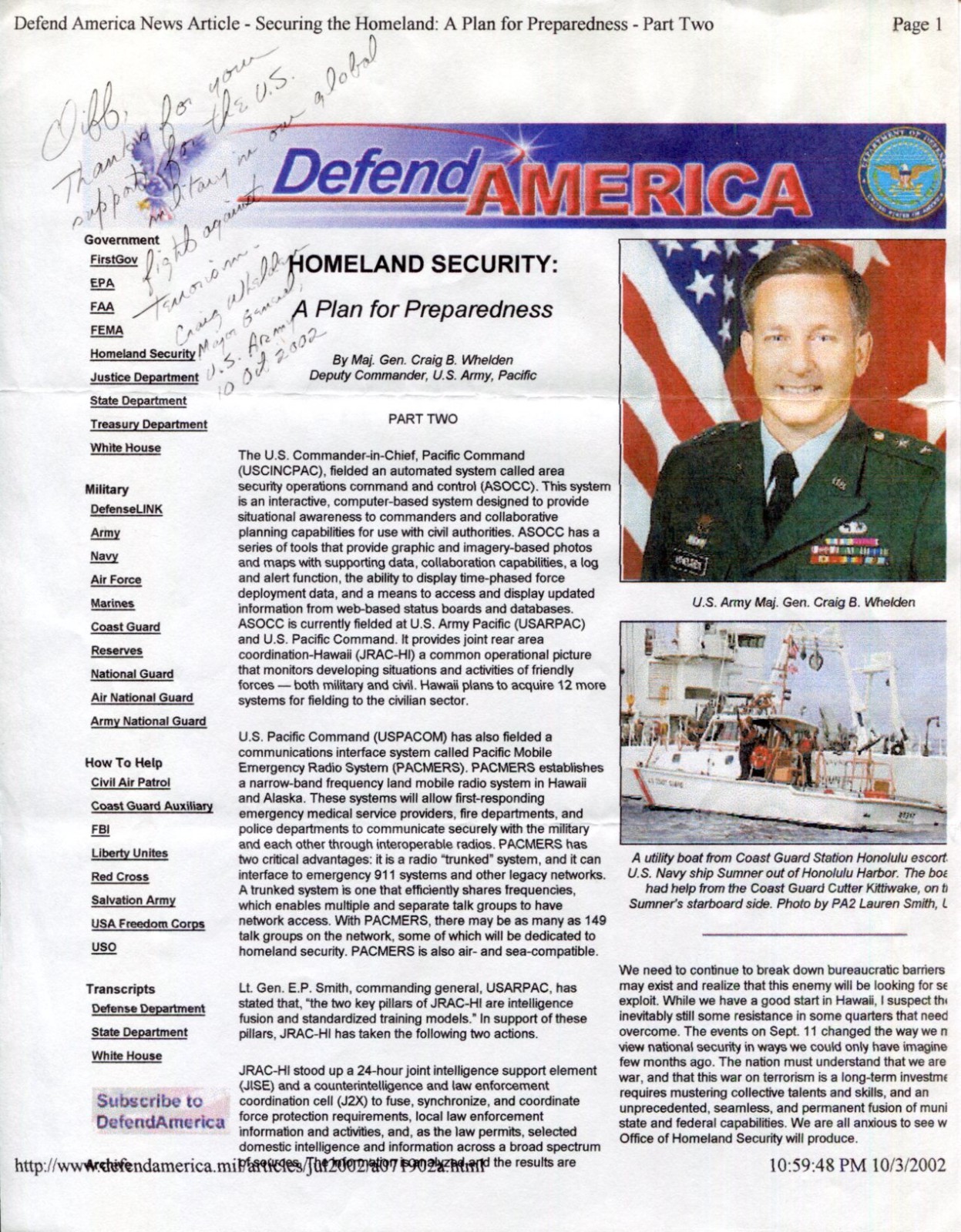 Major General Craig Whelden Youngest General US Army Signed Autograph Article
