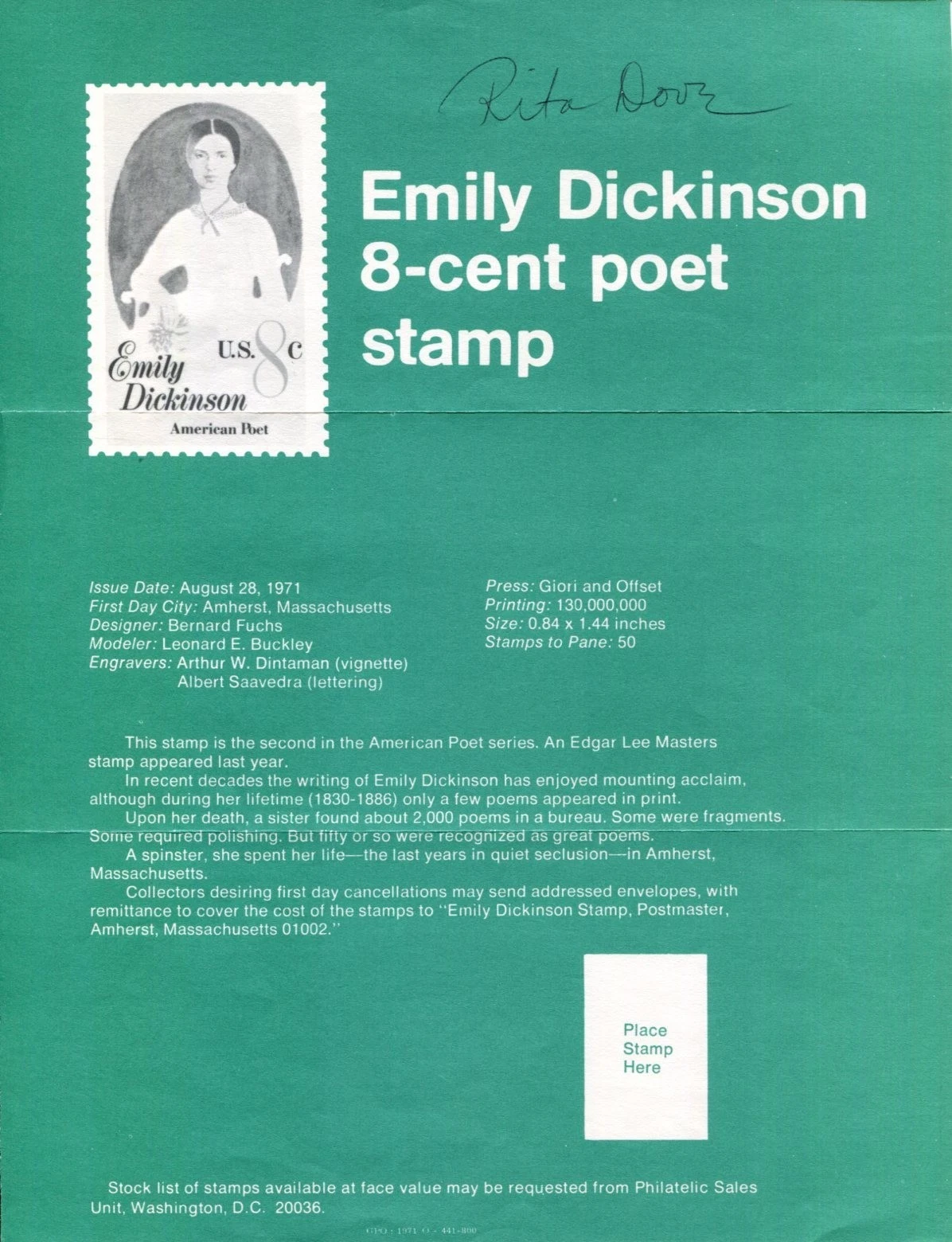 Rita Dove Pulitzer Winner Poet Laureate Author Signed Autograph FDC Sheet