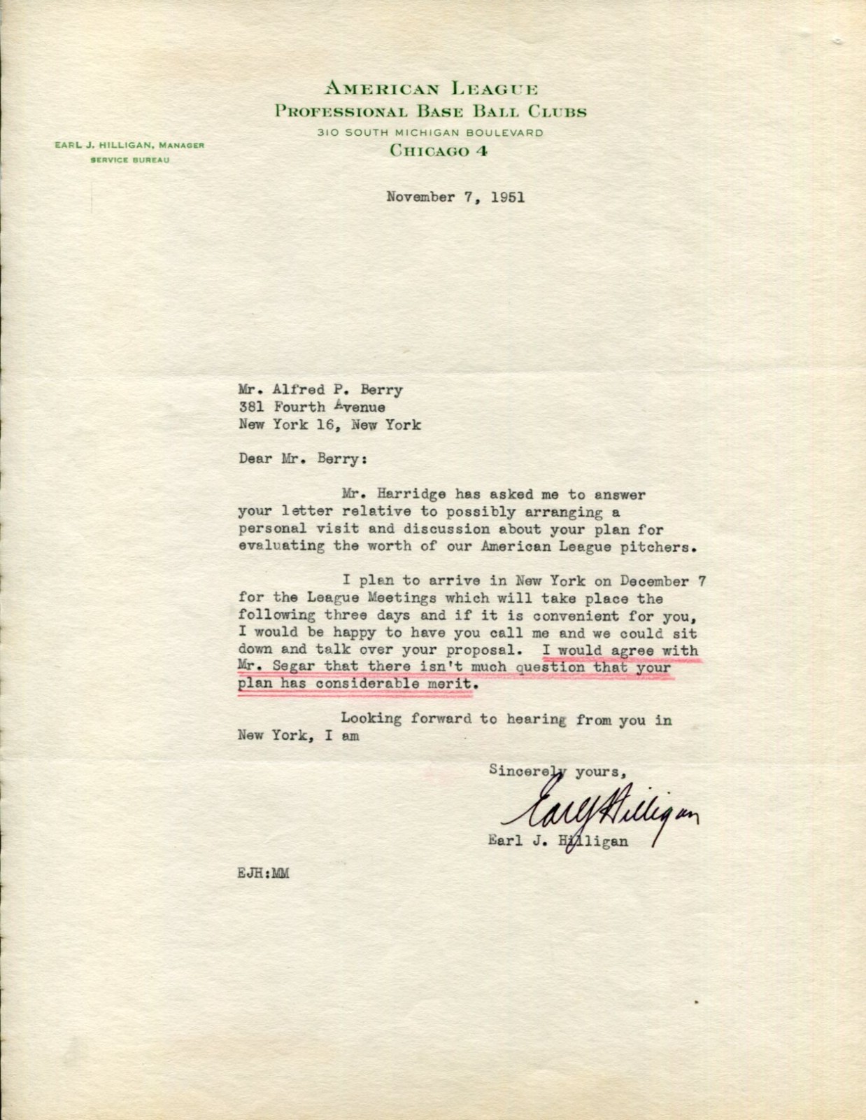 Earl Hilligan Sportswriter American League Press Bureau Manager Signed TSL