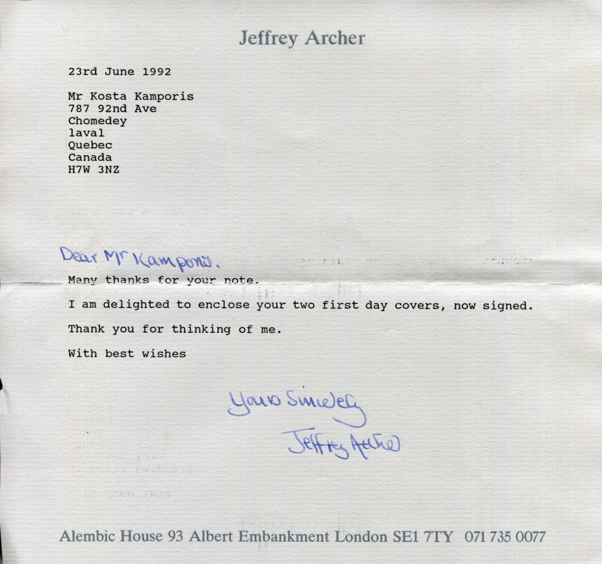 Jeffrey Archer Kane and Abel First Among Equals Author Signed Autograph Letter
