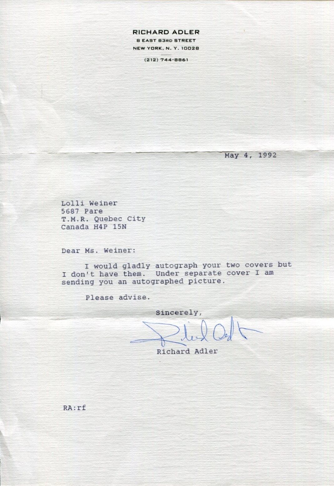 Richard Adler Broadway Lyricist & Composer Tony Award Winner Signed Autograph