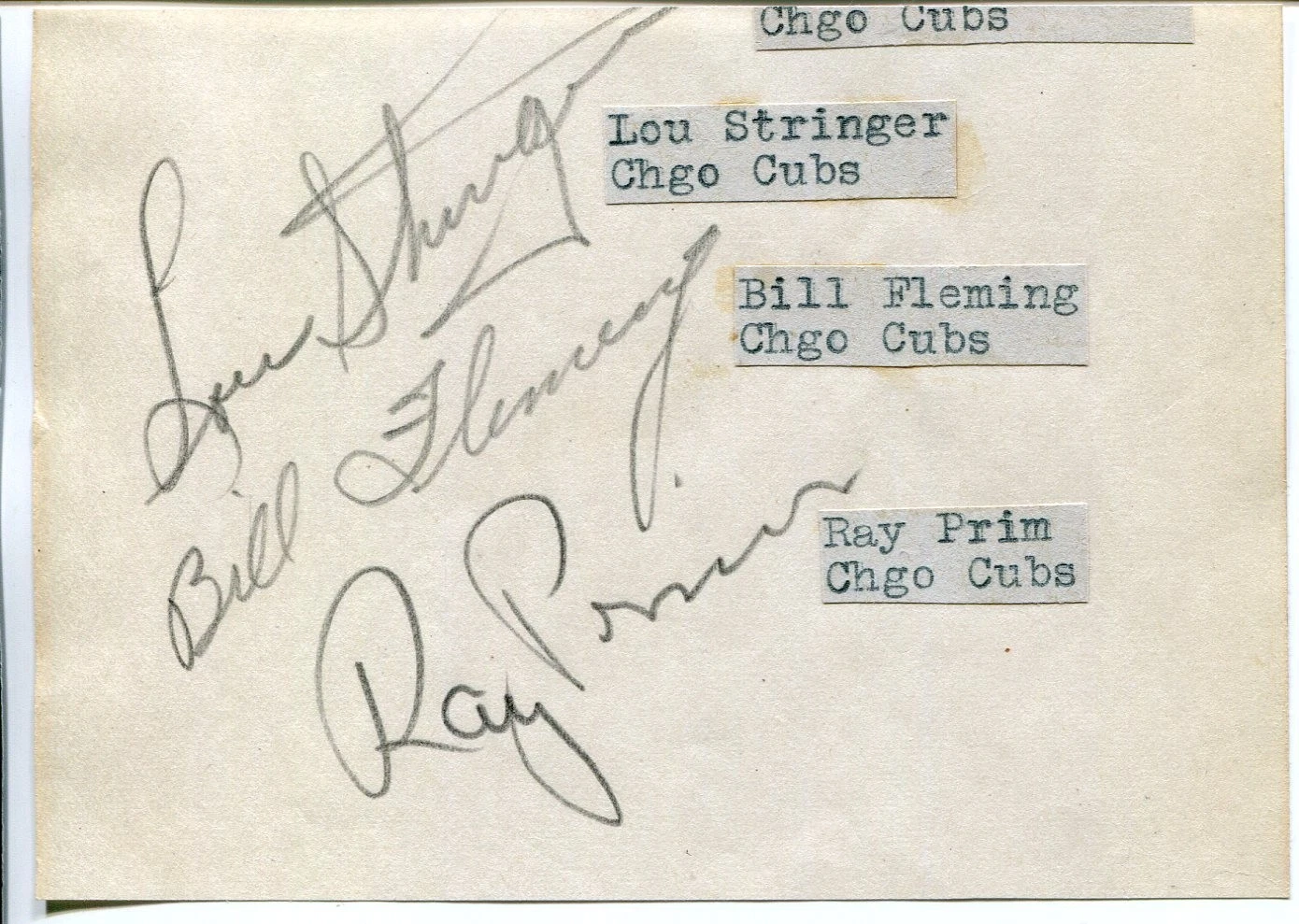 Lou Stringer Bill Fleming Ray Prim 1940s Chicago Cubs Signed Autograph