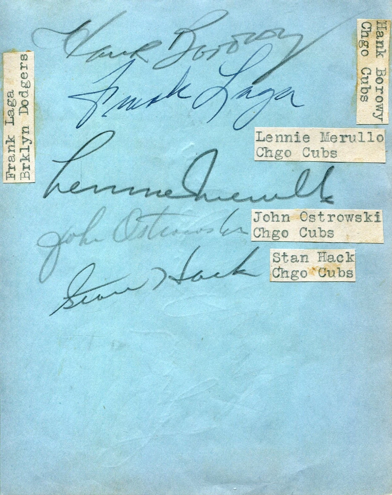 Hank Wyse Johnny Vander Meer Hank Borowy 1945 Chicago Cubs +4 Signed Autograph