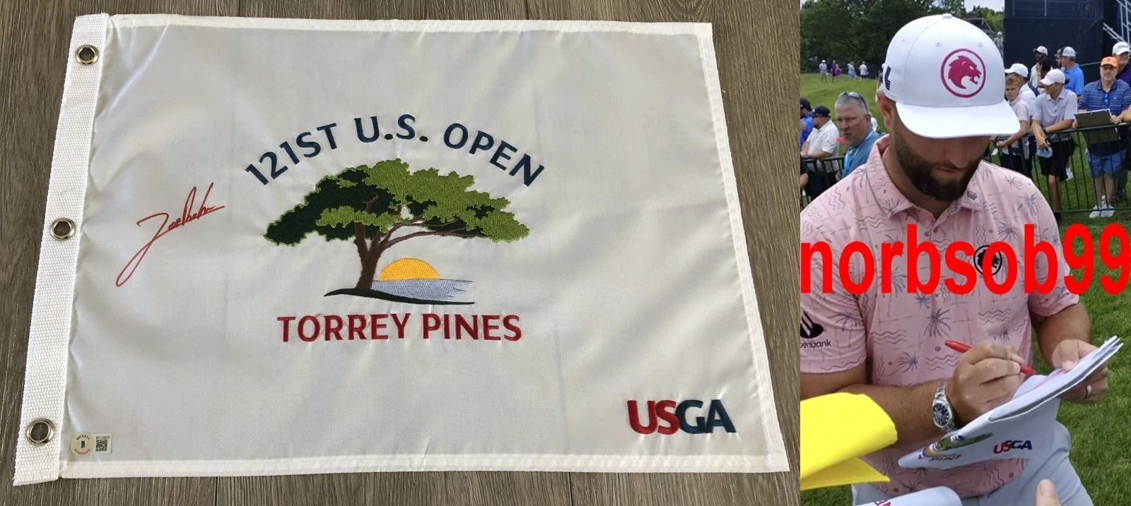 JON RAHM SIGNED AUTOGRAPH 2021 US OPEN PIN FLAG w/EXACT PROOF & BECKETT BAS COA