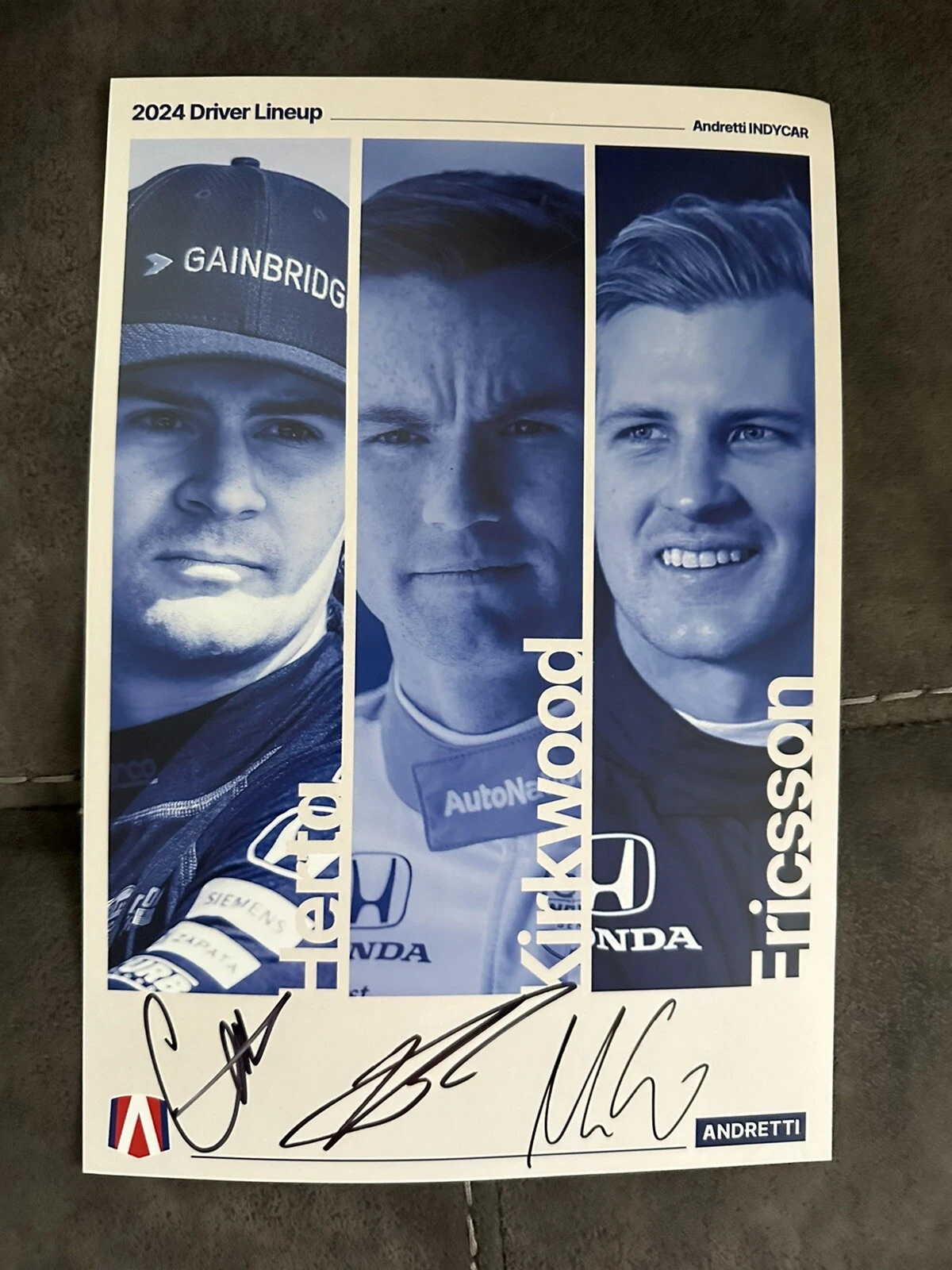 Kyle Kirkwood Colton Herta Marcus Ericsson 2024 Indy 500 Signed Promo Hero Card