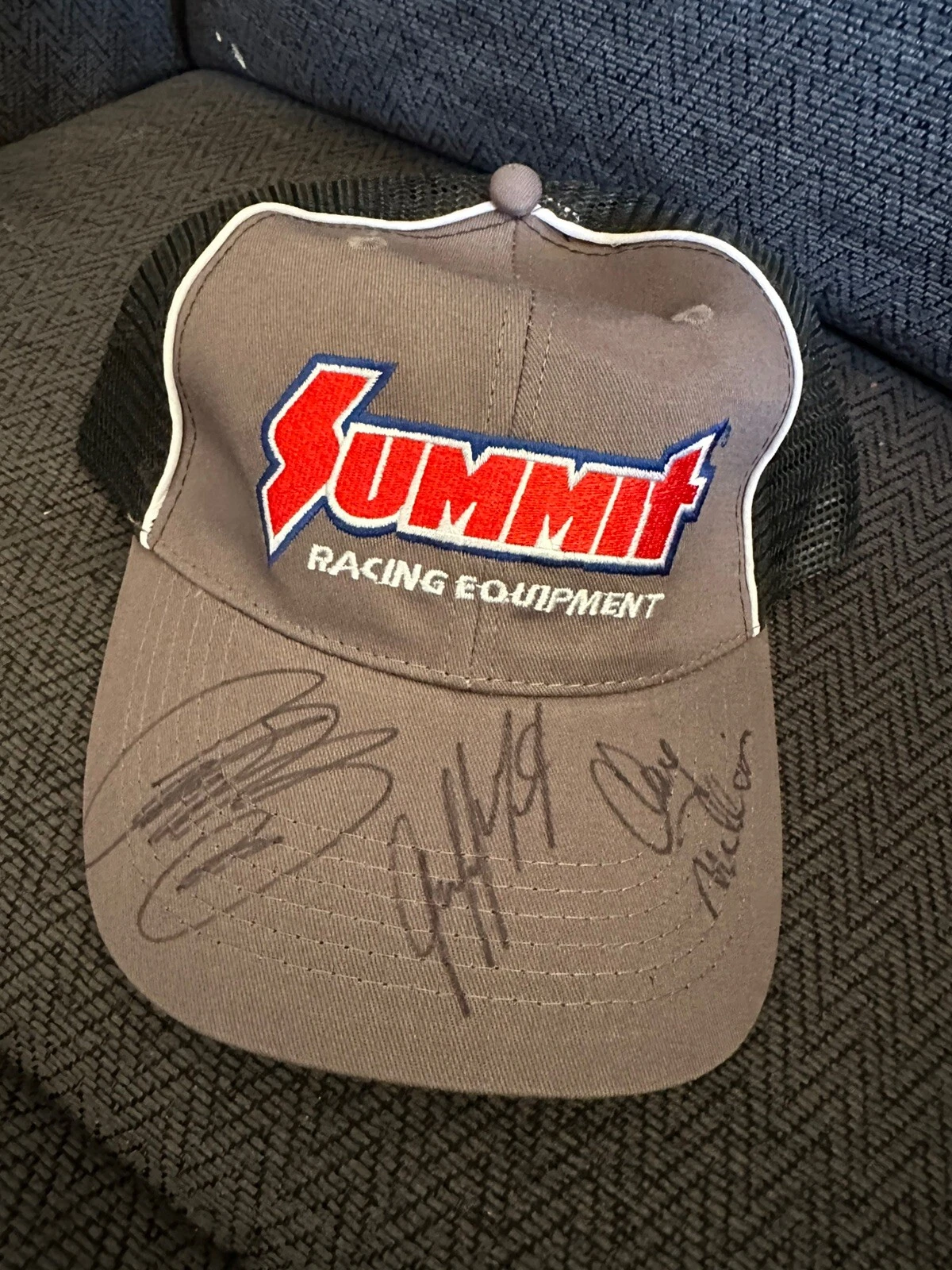 Antron Brown Clay Millican Jeff Lutz hand SIGNED Hat Summit Racing Autographed