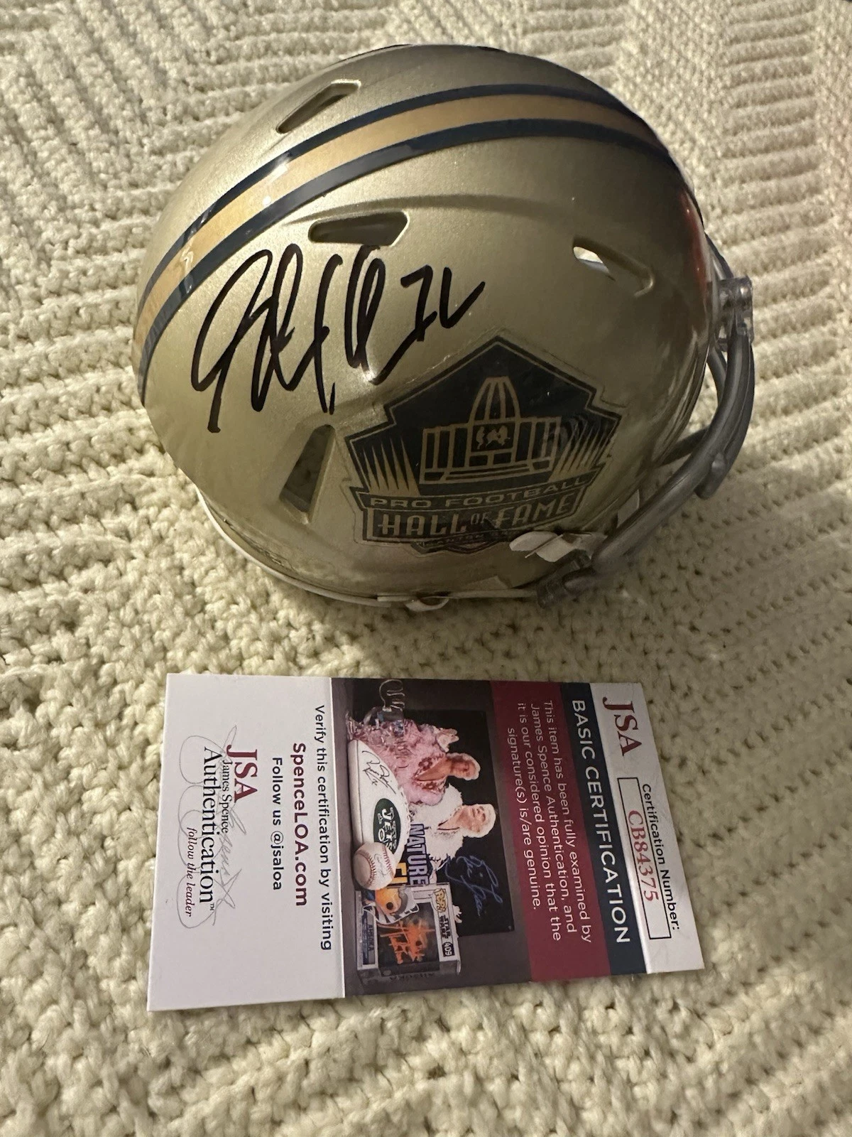 Steve Hutchinson Signed Gold Hall Of Fame Mini Helmet JSA Authentication COA