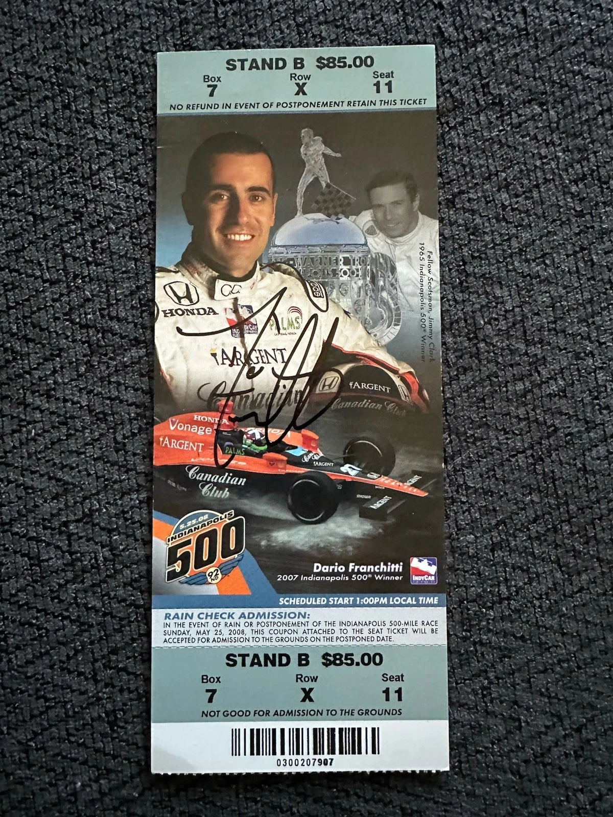 Dario Franchitti (2007 Winner) Signed Indianapolis Indy 500 Ticket 2008 Race