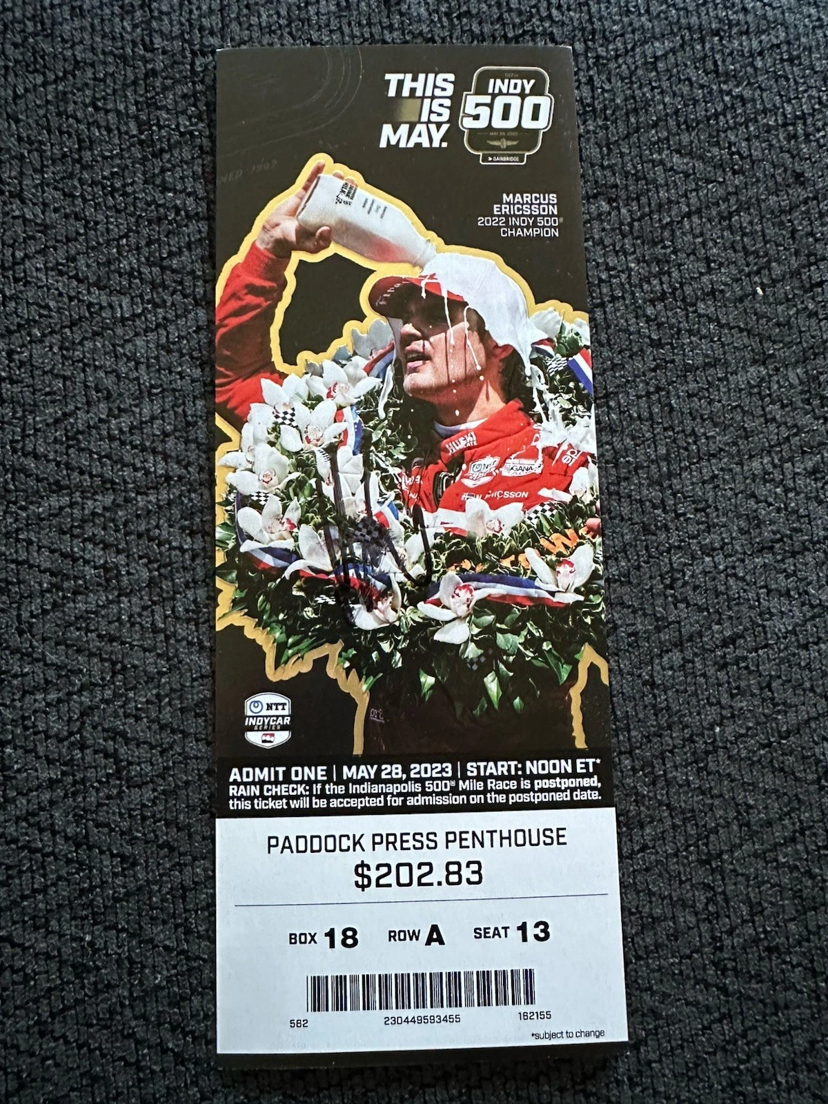 Marcus Ericsson (2022 Winner) Signed Indianapolis Indy 500 Ticket 2023 Race