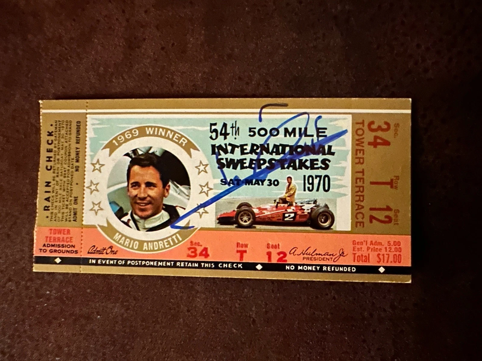 Mario Andretti (1969 Winner) Signed Indianapolis Indy 500 Ticket 1970 Race