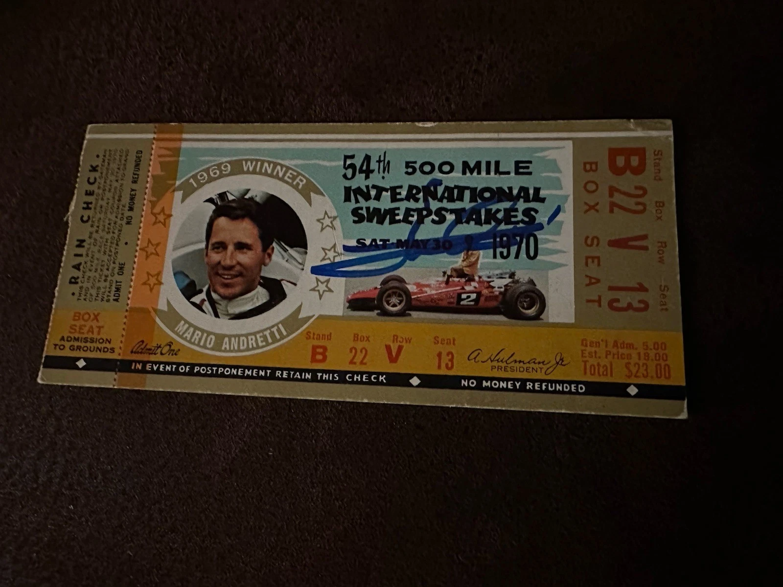 Mario Andretti (1969 Winner) Signed Indianapolis Indy 500 Ticket 1970 Race