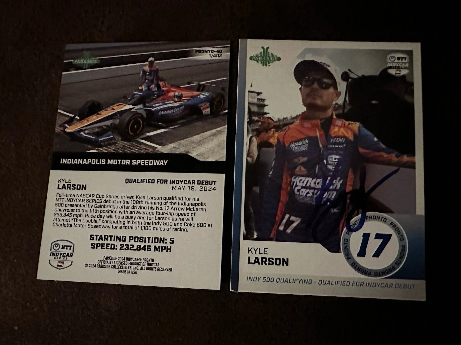 2024 Parkside Pronto Indy Car First Trading Card 500 Signed Kyle Larson RC Indy