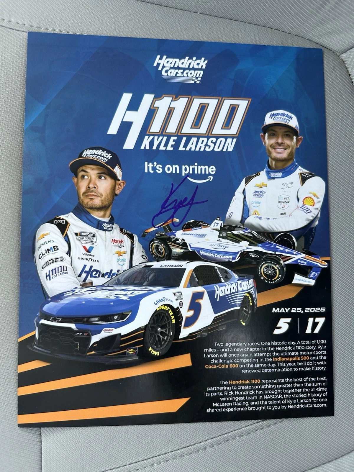Kyle Larson Indy 500 Signed Car Promo Hero Card Autographed 2025 H1100 NASCAR