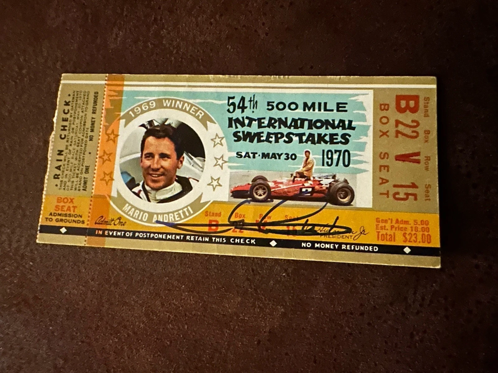 Mario Andretti (1969 Winner) Signed Indianapolis Indy 500 Ticket 1970 Race