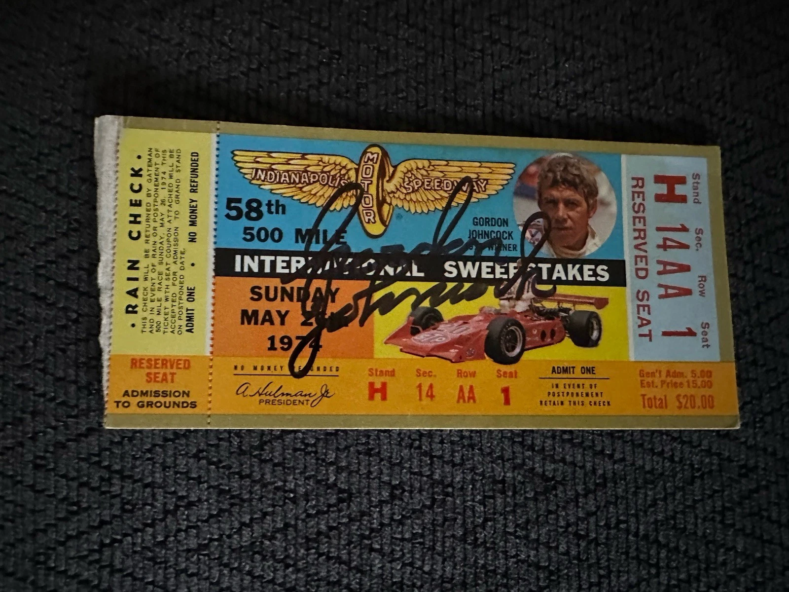 Gordon Johncock (1973 Win) Signed Indianapolis Indy 500 Ticket 1974 Race