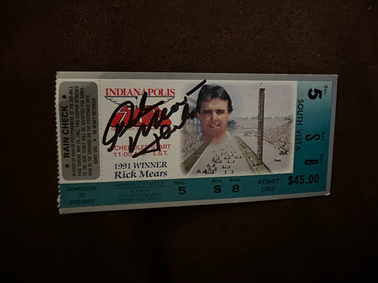 1992 Indy 500 Rick Mears Signed Ticket Stub (1991 Indy Race Winner) Auto