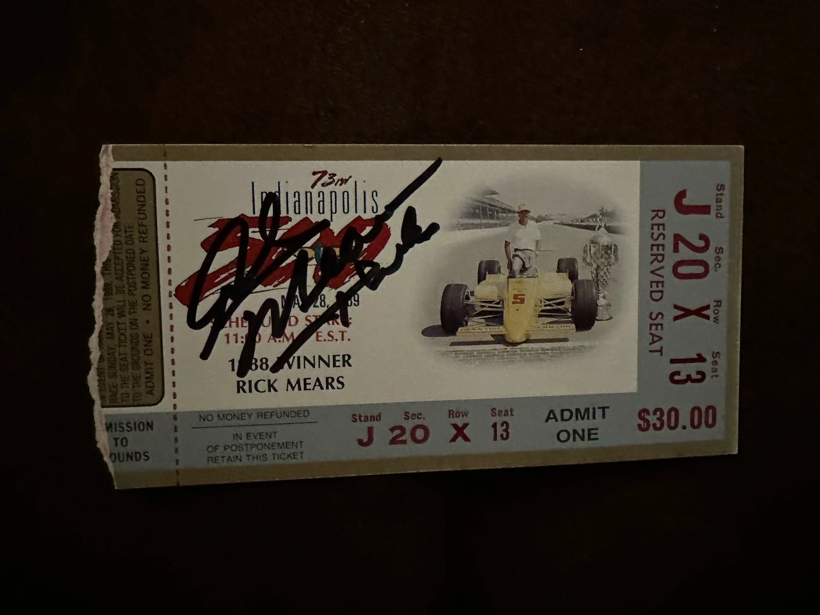 1989 Indy 500 Rick Mears Signed Ticket Stub (1988 Indy Race Winner) Auto