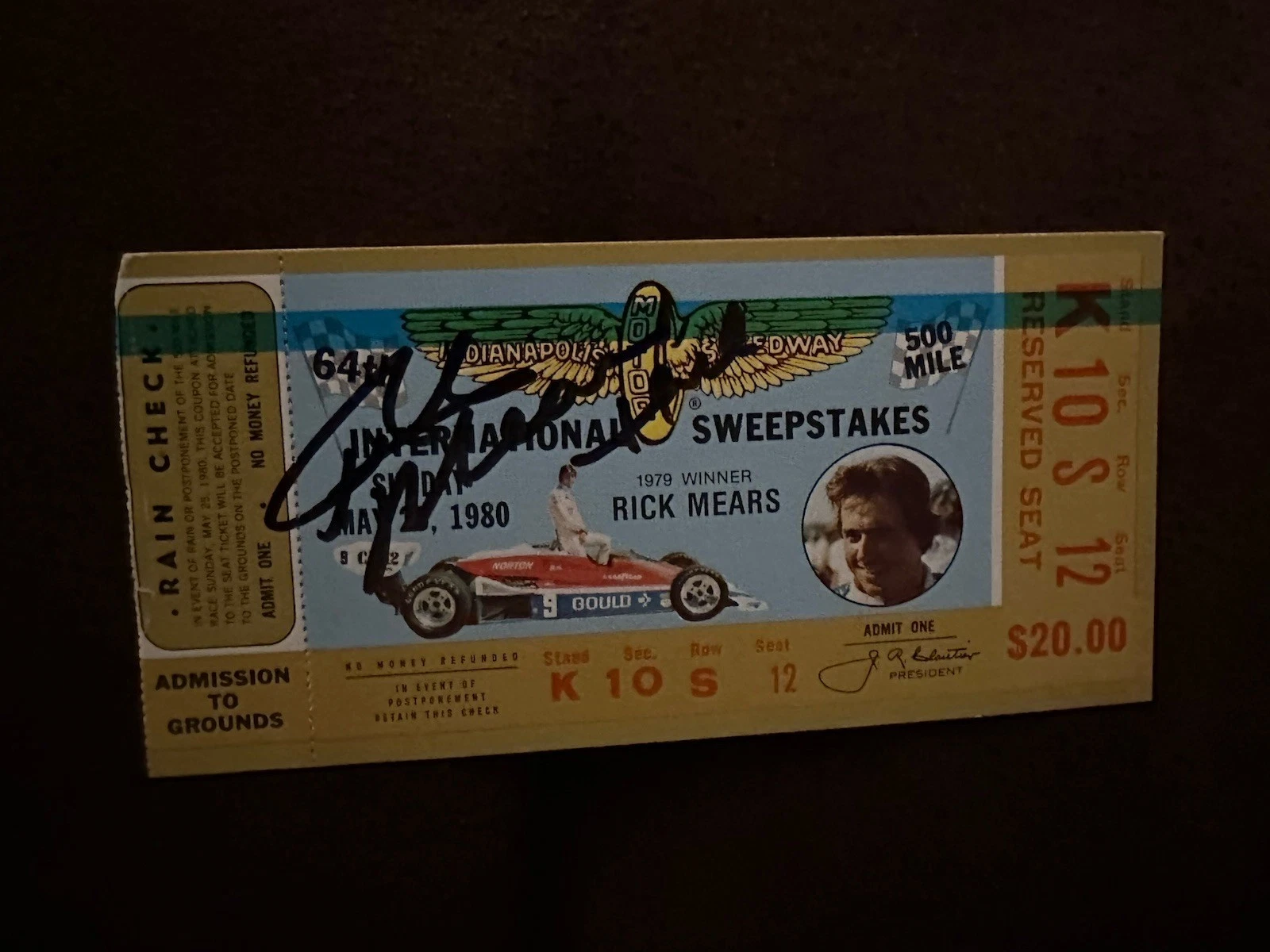 1980 Indy 500 Rick Mears Signed Ticket Stub (1979 Indy Race Winner) Auto