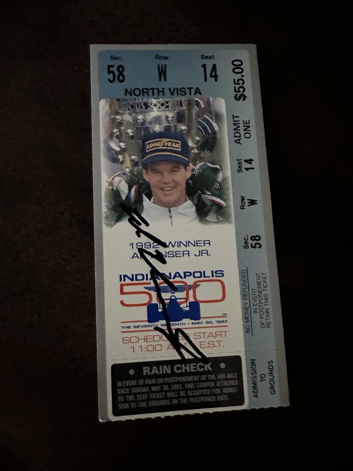 Al Unser Jr 1992 Winner Signed Indianapolis Indy 500 Ticket 1993 Race Autograph