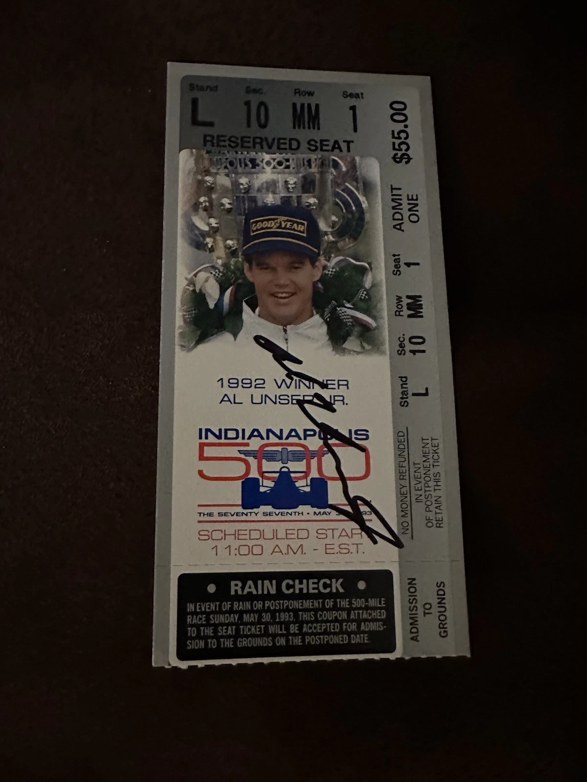 Al Unser Jr 1992 Winner Signed Indianapolis Indy 500 Ticket 1993 Race Autograph