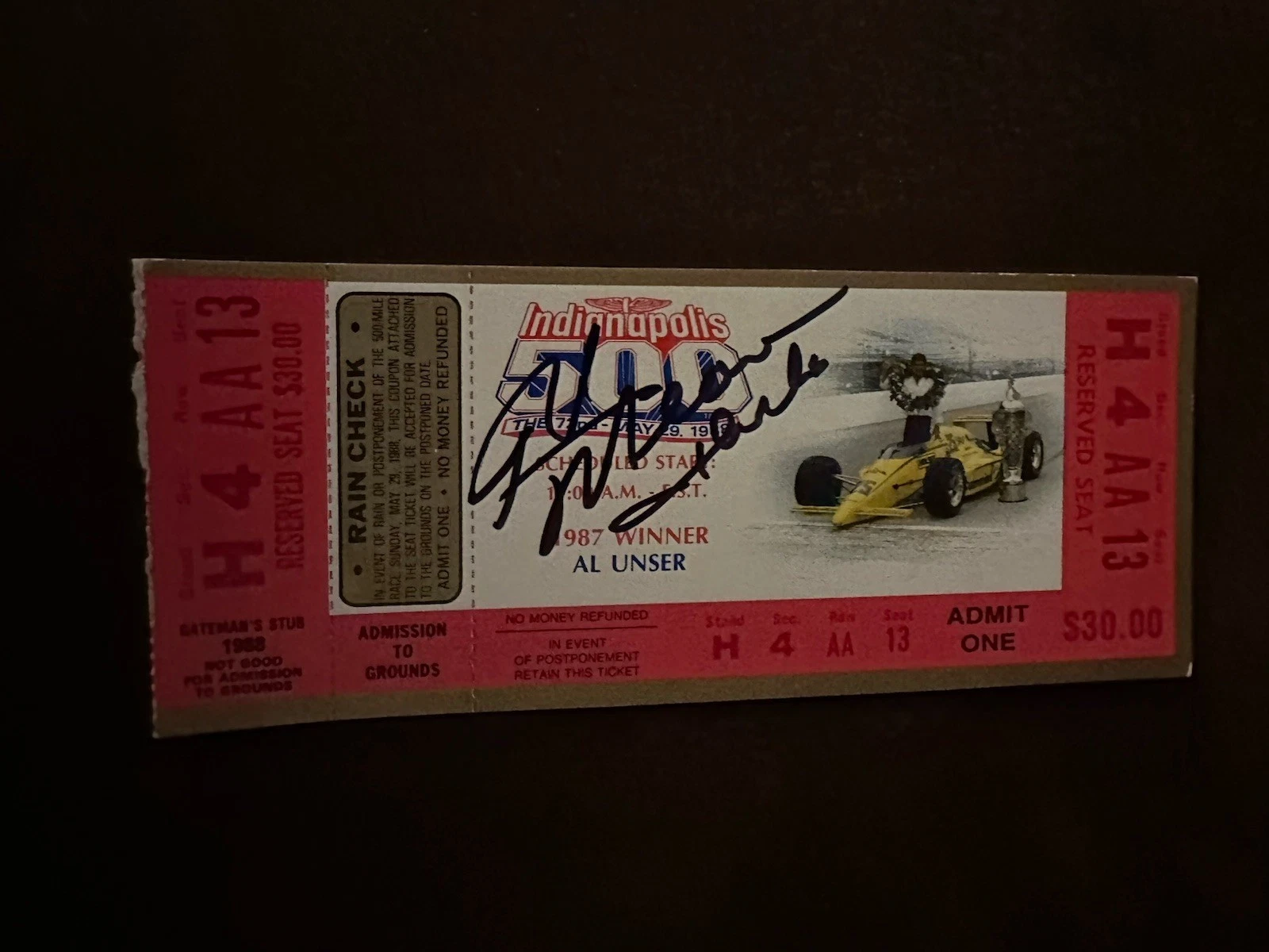 1988 Indy 500 Rick Mears Signed Ticket Stub (1987 Winner Al Unser Pictured) Auto