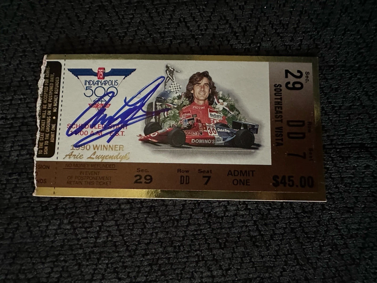 Arie Luyendyk (1990 Winner) Signed Indianapolis Indy 500 Ticket 1991 Race