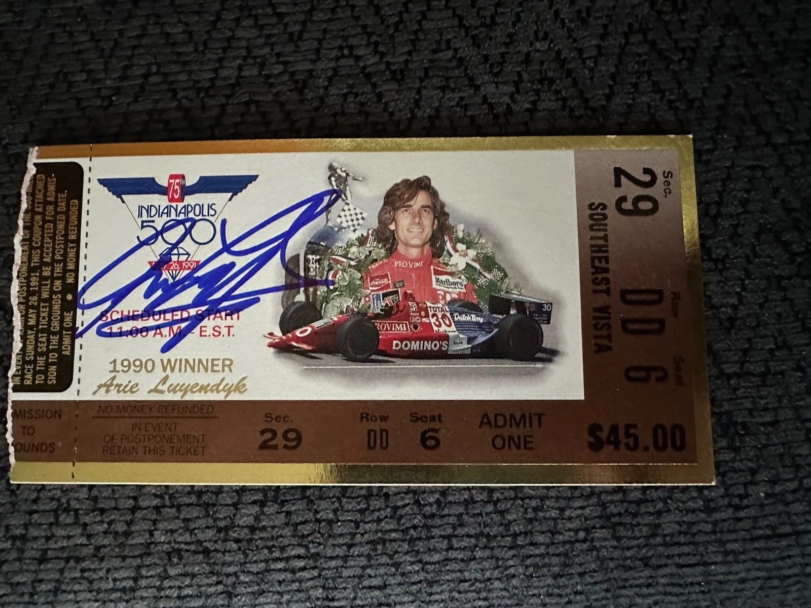 Arie Luyendyk (1990 Winner) Signed Indianapolis Indy 500 Ticket 1991 Race