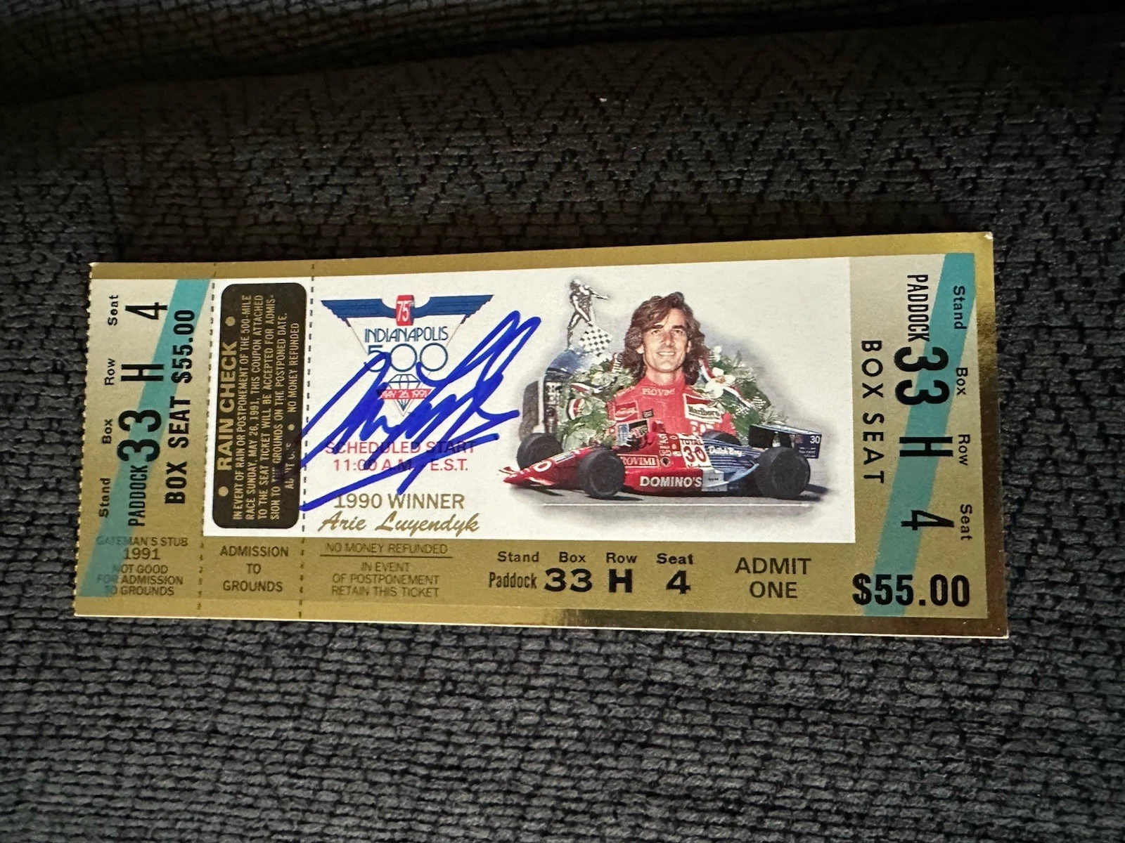 Arie Luyendyk (1990 Winner) Signed Indianapolis Indy 500 Full Ticket 1991 Race