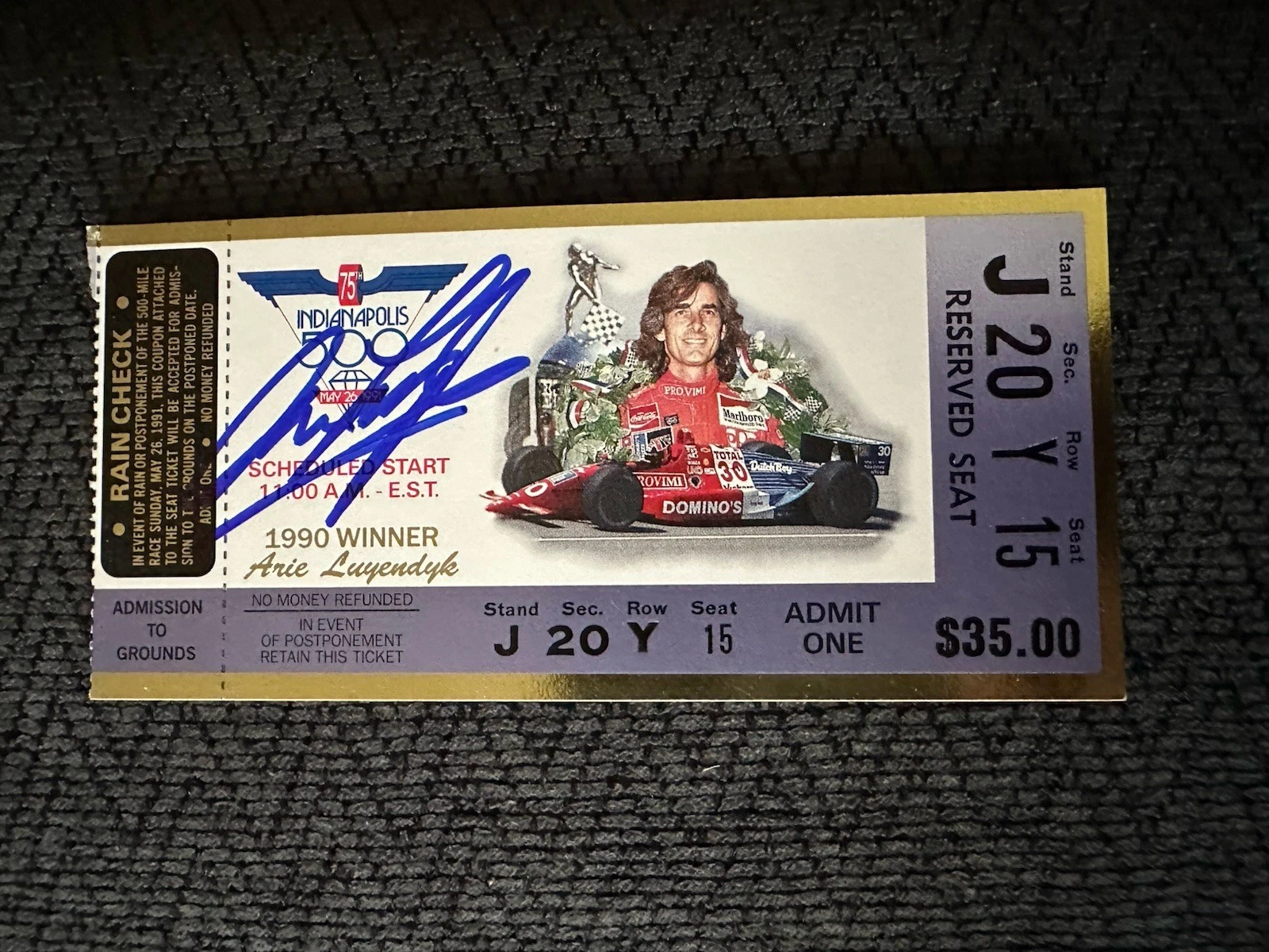 Arie Luyendyk (1990 Winner) Signed Indianapolis Indy 500 Ticket 1991 Race