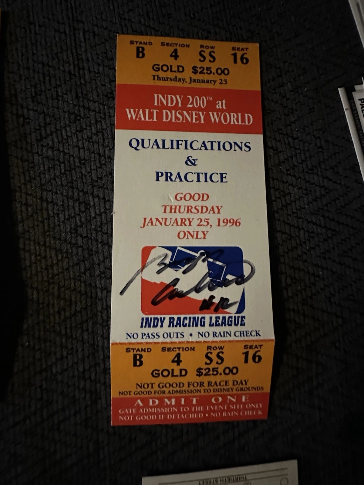 1996 Winner Buzz Caulking Signed Ticket Stub Indy Car Racing IRL Walt Disney 200